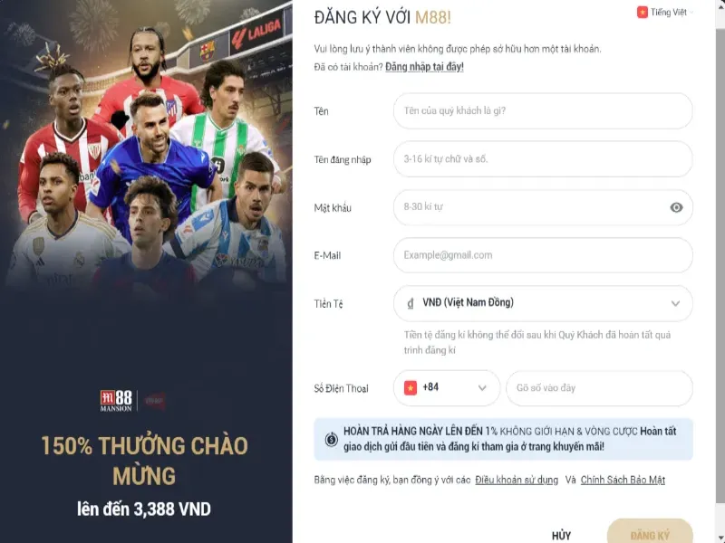 Quá trình đăng ký tài khoản trên web chính thức M88 khá đơn giản